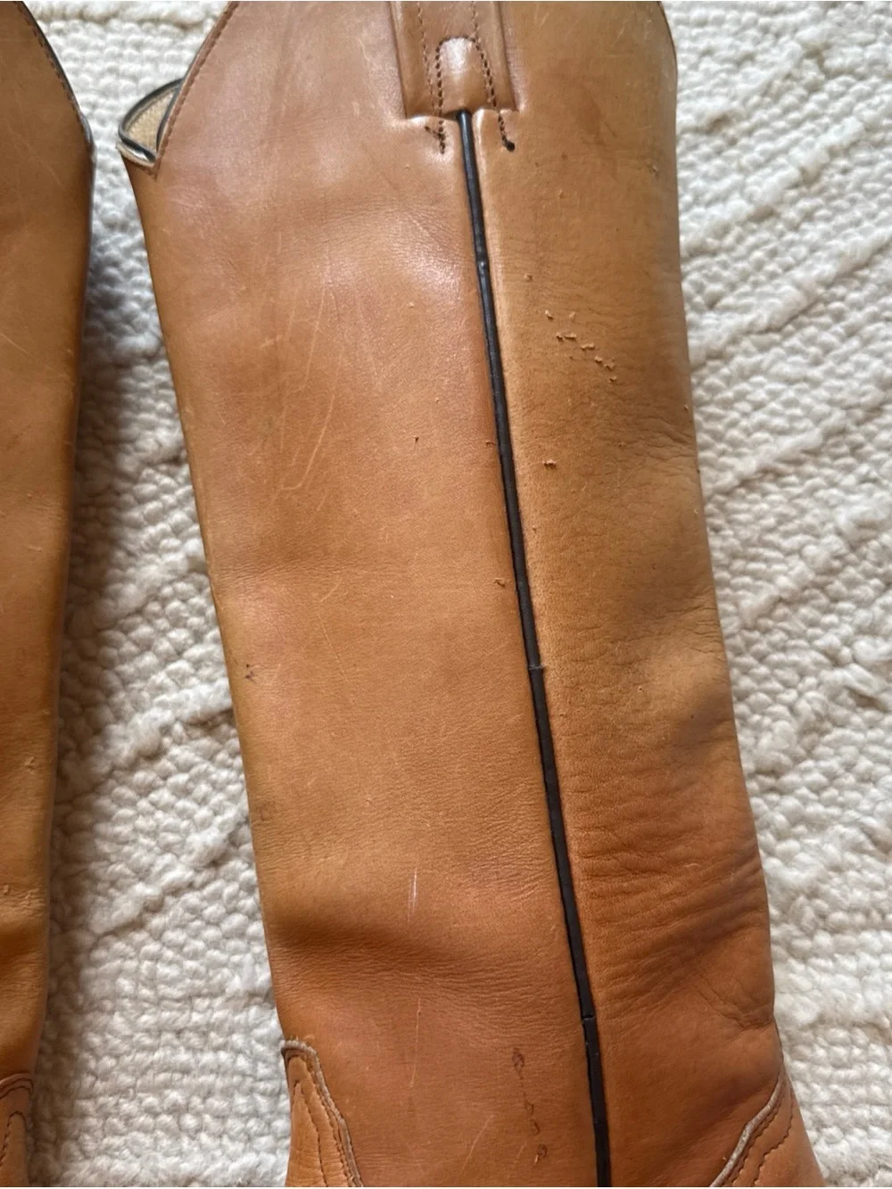 Frye Leather Western Cowboy Boots Tan Cognac Pointed Toe Tall Shaft Stacked Heel